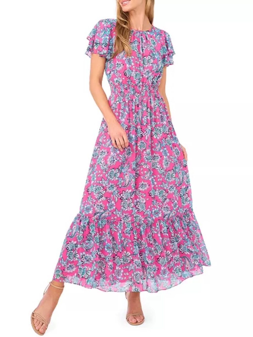 CeCe Women's Double Ruffle Short-Sleeve Maxi Dress Small